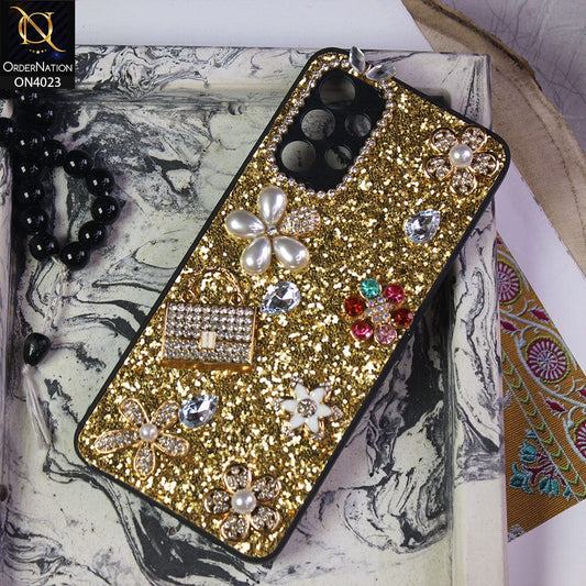 Samsung Galaxy A32 Cover - Golden - New Bling Bling Sparkle 3D Flowers Shiny Glitter Texture Protective Case