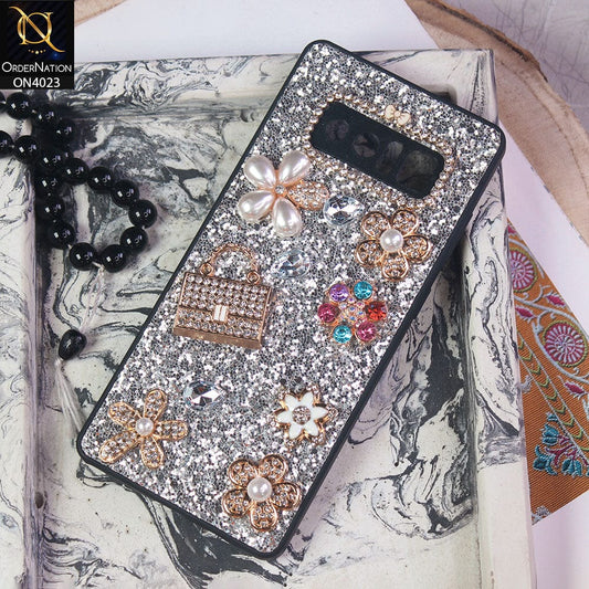 Samsung Galaxy Note 8 Cover - Silver - New Bling Bling Sparkle 3D Flowers Shiny Glitter Texture Protective Case