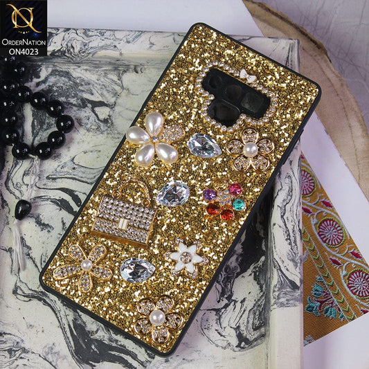 Samsung Galaxy Note 9 Cover - Golden - New Bling Bling Sparkle 3D Flowers Shiny Glitter Texture Protective Case
