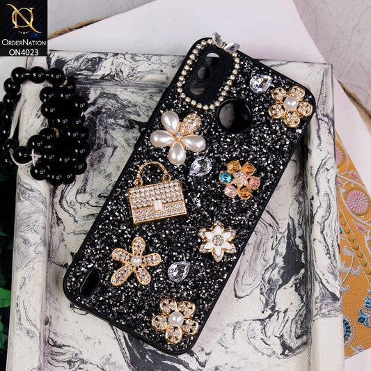 Tecno Spark 6 Go Cover - Black - New Bling Bling Sparkle 3D Flowers Shiny Glitter Texture Protective Case