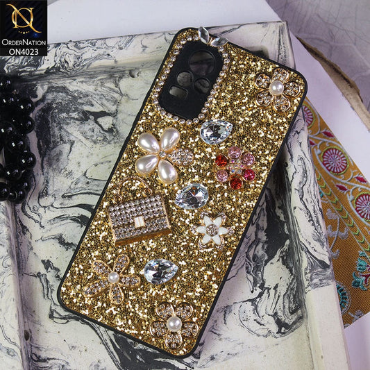 Vivo V21e Cover - Golden - New Bling Bling Sparkle 3D Flowers Shiny Glitter Texture Protective Case