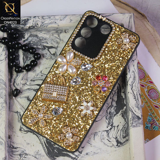 Vivo V27e Cover - Golden - New Bling Bling Sparkle 3D Flowers Shiny Glitter Texture Protective Case
