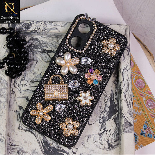 Vivo Y02s Cover - Black - New Bling Bling Sparkle 3D Flowers Shiny Glitter Texture Protective Case