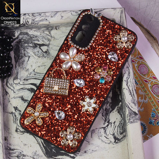 Vivo Y20i Cover - Red - New Bling Bling Sparkle 3D Flowers Shiny Glitter Texture Protective Case