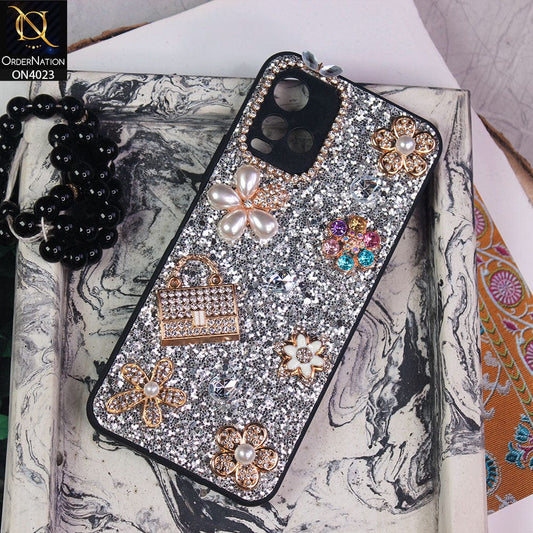 Vivo Y21e Cover - Silver - New Bling Bling Sparkle 3D Flowers Shiny Glitter Texture Protective Case