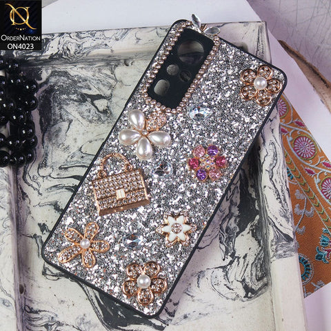 Vivo Y33 Cover - Silver - New Bling Bling Sparkle 3D Flowers Shiny Glitter Texture Protective Case