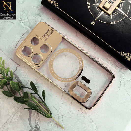 itel A60s Cover - Golden - New Electroplating Color Borders Camera Protection Magsafe Design Soft Transparent Case With Logo Hole