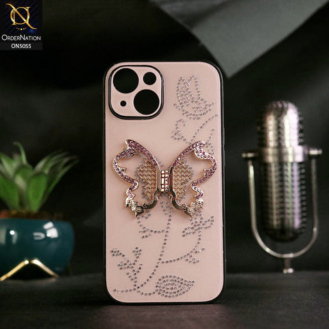 iPhone 15 Cover - Golden - Tybomb Cute Shiny Rhinestones Butterfly Holder Stand Soft Borders Case