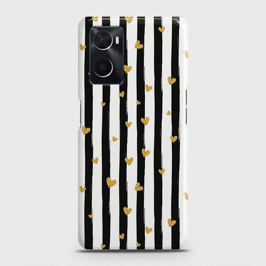 Oppo A96 4G Cover - Trendy Black & White Lining With Golden Hearts Printed Hard Case with Life Time Colors Guarantee
