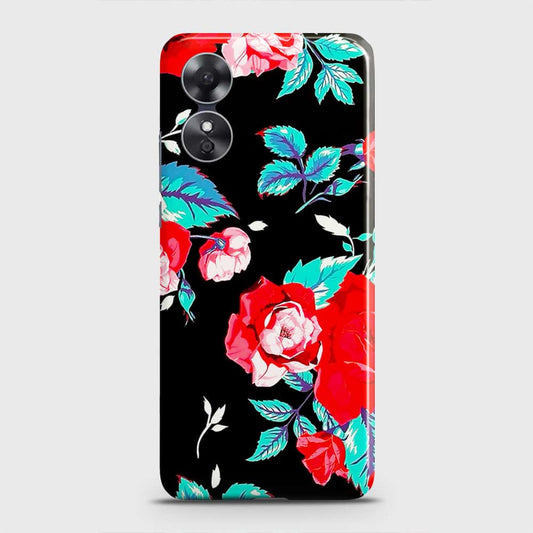 Oppo A17 Cover - Luxury Vintage Red Flowers Printed Hard Case with Life Time Colors Guarantee