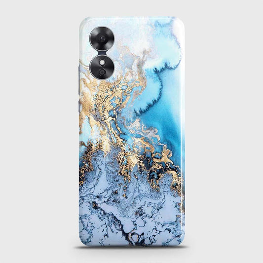 Oppo A17 Cover - Trendy Golden & Blue Ocean Marble Printed Hard Case with Life Time Colors Guarantee