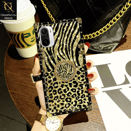 Xiaomi Poco F3 Cover - Design 1 - Trendy Stripes Pattern Golden Square Case With Matching Bling Ring Holder