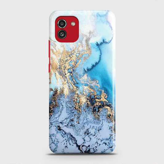 Samsung Galaxy A03 Cover - Trendy Golden & Blue Ocean Marble Printed Hard Case with Life Time Colors Guarantee