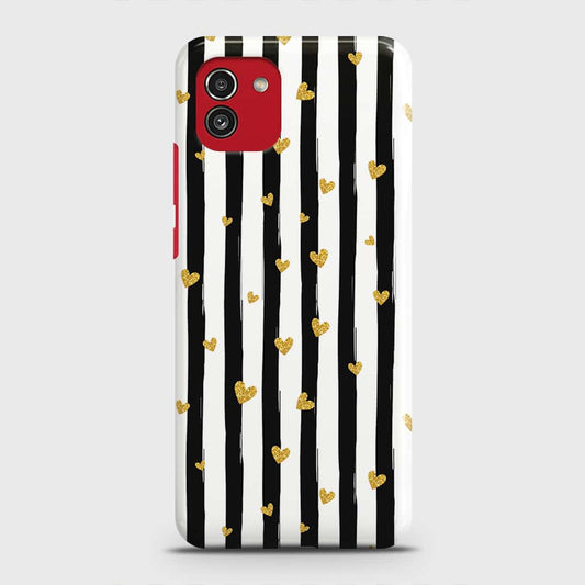 Samsung Galaxy A03 Cover - Trendy Black & White Lining With Golden Hearts Printed Hard Case with Life Time Colors Guarantee