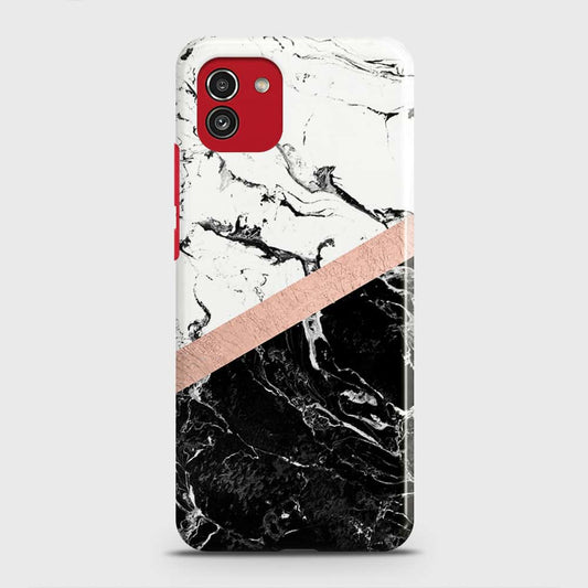 Samsung Galaxy A03 Cover - Black & White Marble With Chic RoseGold Strip Case with Life Time Colors Guarantee