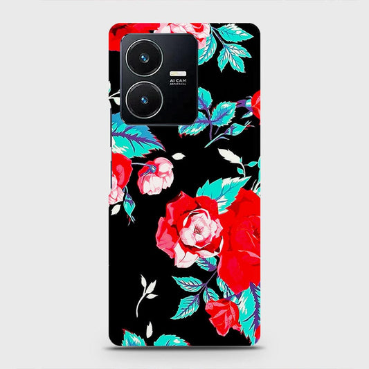 Vivo Y22s Cover - Luxury Vintage Red Flowers Printed Hard Case with Life Time Colors Guarantee