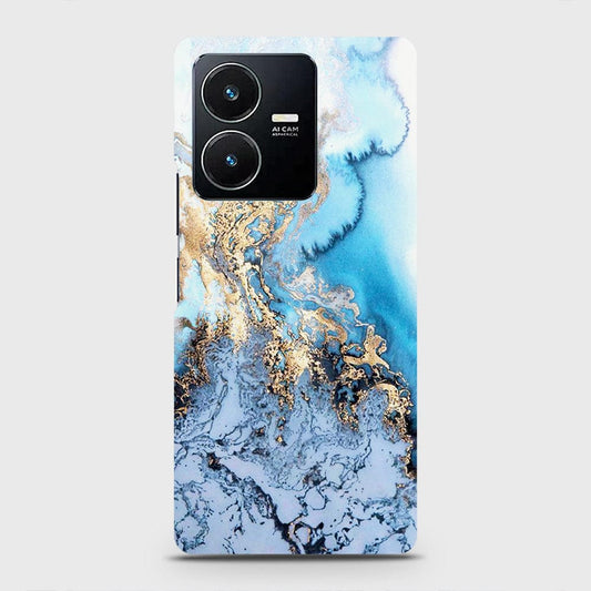 Vivo Y22 Cover - Trendy Golden & Blue Ocean Marble Printed Hard Case with Life Time Colors Guarantee (Fast Delivery)