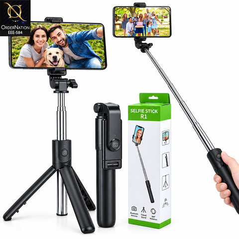 R1 3-in-1 Bluetooth Selfie Stick Tripod with Wireless Remote – 70cm Extendable Foldable Mobile Stand with Rotatable Phone Holder for iPhone & Android