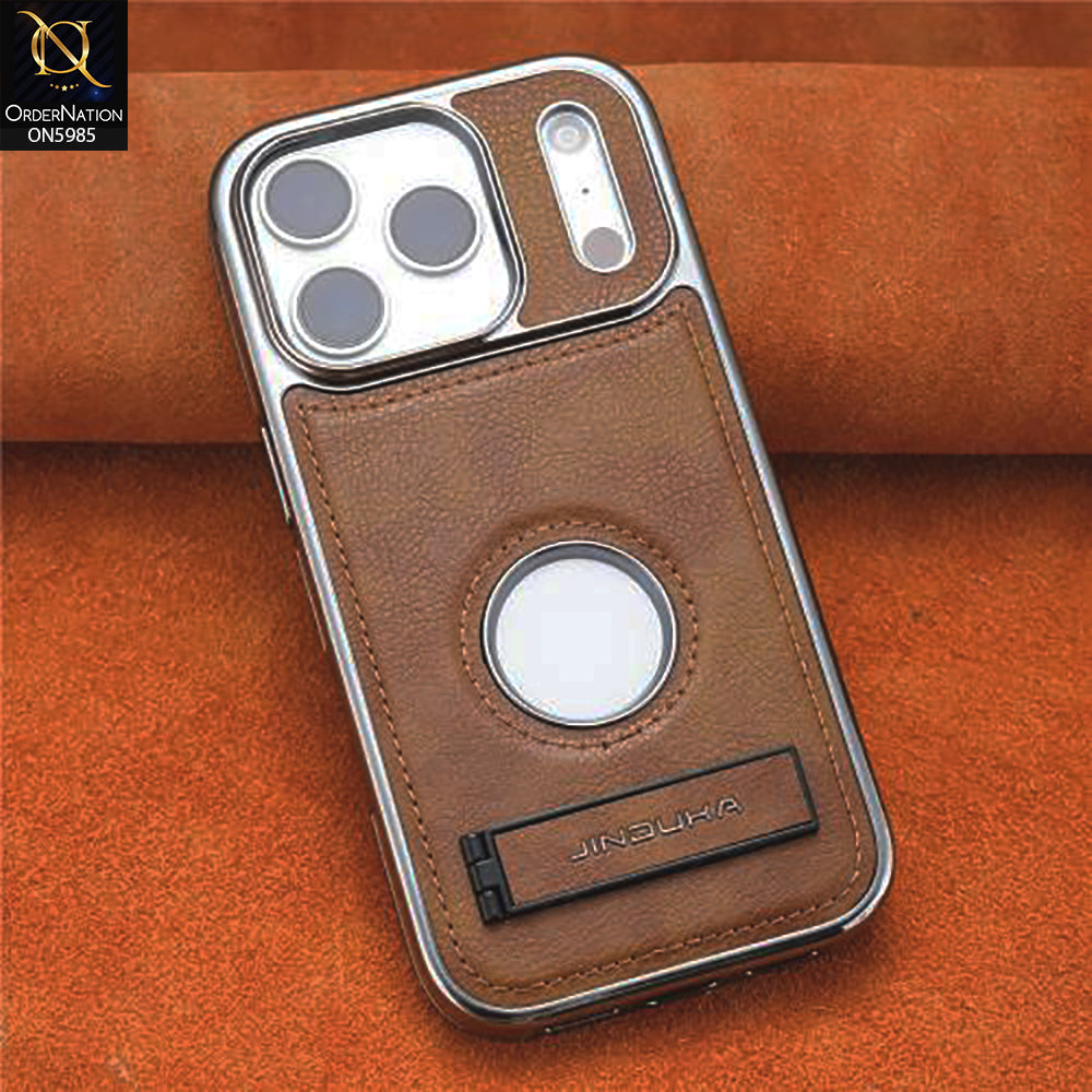 iPhone 17 Pro Max - Brown - New Jinduka Luxury Metallic Frame Leather Protective Case With Kickstand
