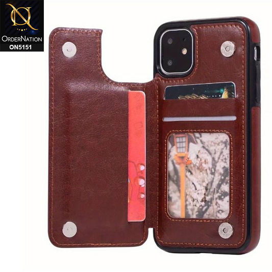 iPhone 11 Pro Max Cover - Brown - Luxury PU Leather Card Holder Wallet Soft Case