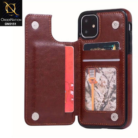 iPhone 11 Pro Max Cover - Brown - Luxury PU Leather Card Holder Wallet Soft Case