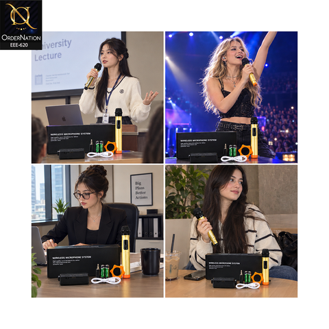 LT105 UHF Wireless Handheld Microphone – Gold Edition, 50M Range, Rechargeable Receiver, 6.35mm Jack for Speakers, Karaoke & Events