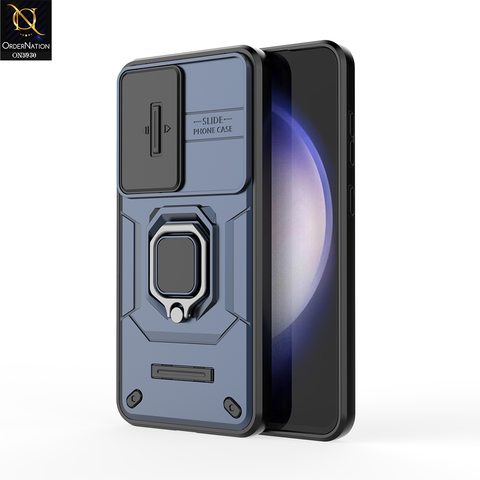Samsung Galaxy S24 FE Cover - Blue - New High Grade Quality Armor Case With Metal Ring And Kickstand And Sliding Camera Protection