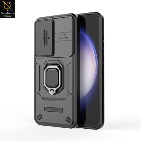 Samsung Galaxy S24 FE Cover - Black - New High Grade Quality Armor Case With Metal Ring And Kickstand And Sliding Camera Protection