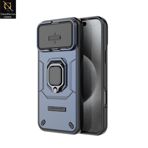 iPhone 17 Pro Cover - Blue - New High Grade Quality Armor Case With Metal Ring And Kickstand And Sliding Camera Protection