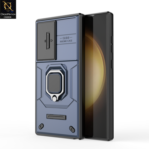 Samsung Galaxy S25 Ultra Cover - Blue - New High Grade Quality Armor Case With Metal Ring And Kickstand And Sliding Camera Protection