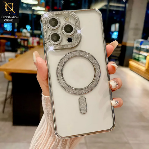 iPhone 15 Pro Max Cover - Silver - New Prime Opulent Luxurious Rhinestones Clear Case With MagSafe And Camera Protection