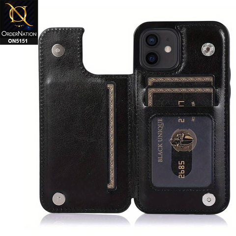 iPhone 12 Pro Cover - Black - Luxury PU Leather Card Holder Wallet Soft Case