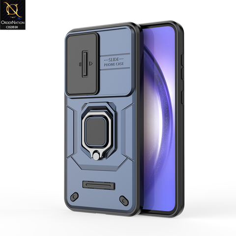 Samsung Galaxy A35 Cover - Blue - New High Grade Quality Armor Case With Metal Ring And Kickstand And Sliding Camera Protection