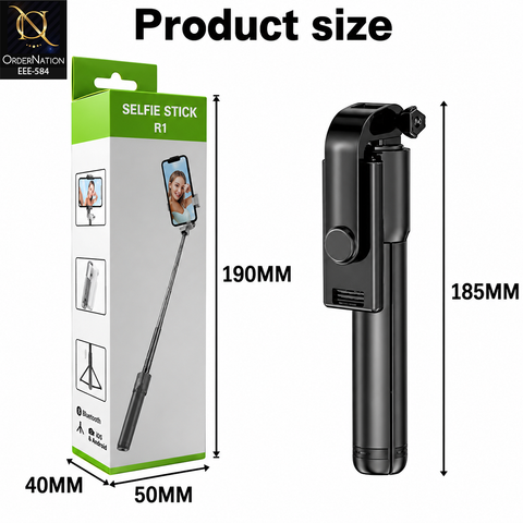 R1 3-in-1 Bluetooth Selfie Stick Tripod with Wireless Remote – 70cm Extendable Foldable Mobile Stand with Rotatable Phone Holder for iPhone & Android