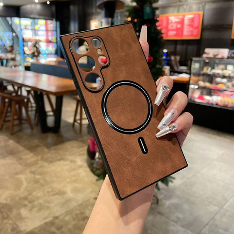 Samsung Galaxy S23 Ultra 5G Cover - Dark Brown - New Luxury Matte Leather Magnetic MagSafe Wireless Charging Soft Case