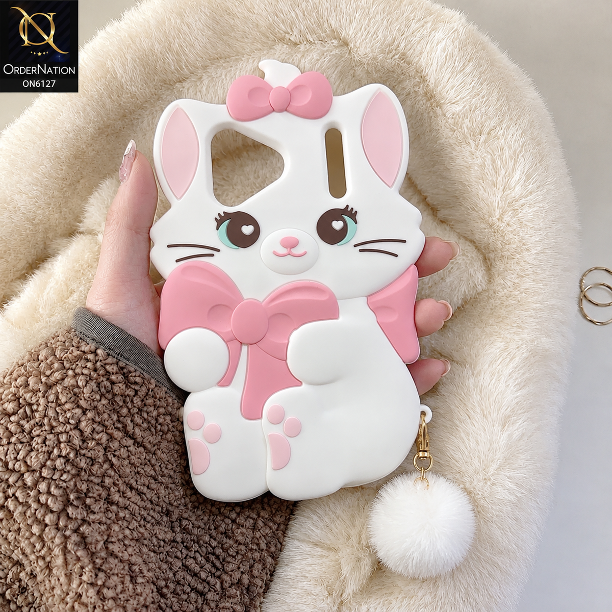 Tecno Spark 50 4G Cover - White - Premium 3D Cartoon Character Soft Silicone Mobile Cover with Cute Pink Bow & Pom Pom Tail