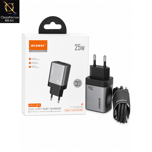 RECRSI 25W Dual Port Fast Charger with USB-A & USB-C and Charging Cable – Model CH-FC90