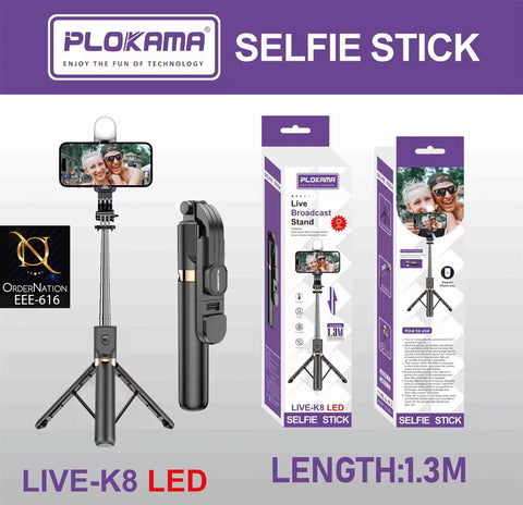 PLOKAMA LIVE-K8 1.3M LED Selfie Stick Tripod with Bluetooth Remote, 360° Rotation & Phone Holder