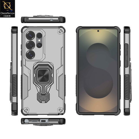 Samsung Galaxy S25 Ultra Cover - Gray - New High Grade Quality Armor Case With Metal Ring And KickStand