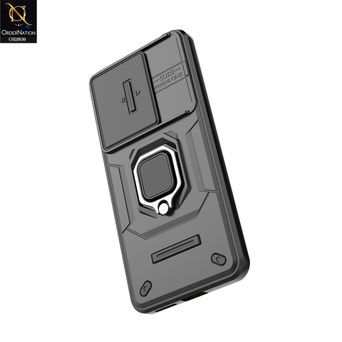 Xiaomi Redmi Note 14 4G Cover - Black - New High Grade Quality Armor Case With Metal Ring And Kickstand And Sliding Camera Protection