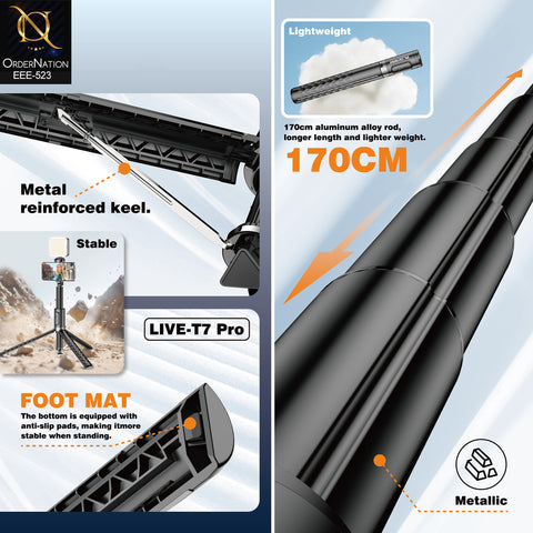 Plokama Live-T7 Pro 170cm LED Selfie Stick with Remote Control, Adjustable Fill Light, 360° Rotation & Tripod Stand