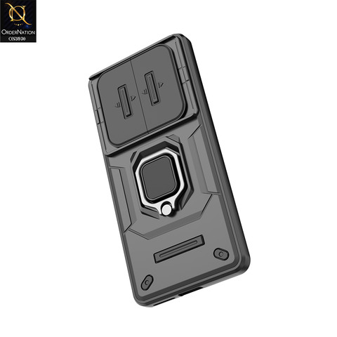 Xiaomi Redmi Note 14 Pro 4G Cover - Black - New High Grade Quality Armor Case With Metal Ring And Kickstand And Sliding Camera Protection
