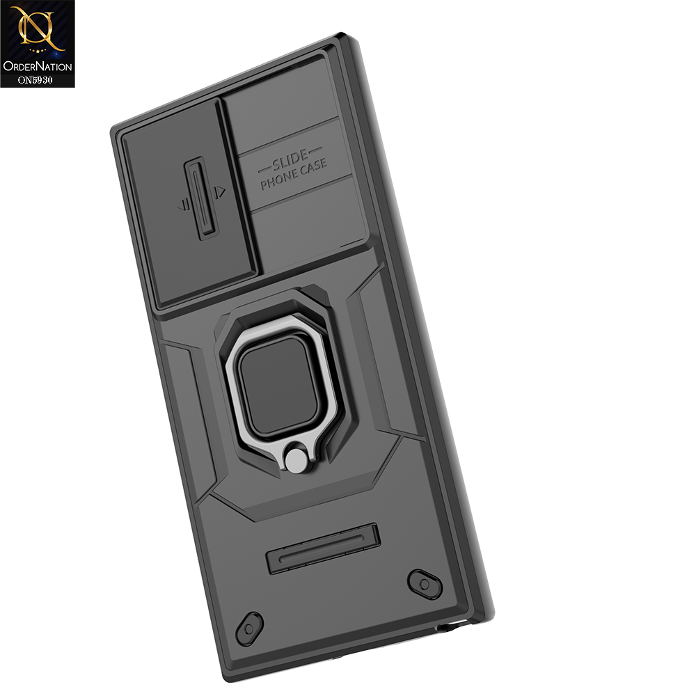 Samsung Galaxy S23 Ultra 5G Cover - Black - New High Grade Quality Armor Case With Metal Ring And Kickstand And Sliding Camera Protection