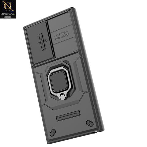 Samsung Galaxy S23 Ultra 5G Cover - Black - New High Grade Quality Armor Case With Metal Ring And Kickstand And Sliding Camera Protection