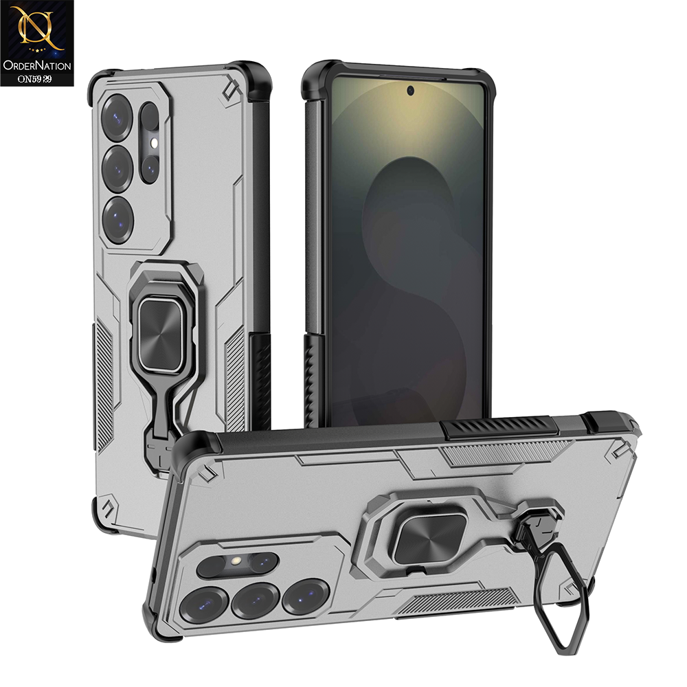 Samsung Galaxy S25 Ultra Cover - Gray - New High Grade Quality Armor Case With Metal Ring And KickStand