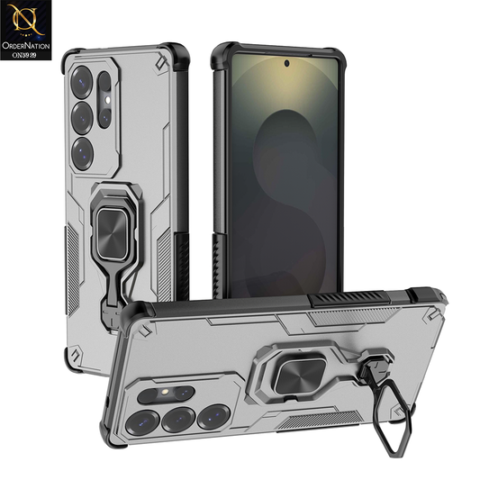 Samsung Galaxy S25 Ultra Cover - Gray - New High Grade Quality Armor Case With Metal Ring And KickStand