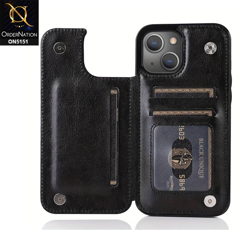 iPhone 14  Plus Cover - Black - Luxury PU Leather Card Holder Wallet Soft Case