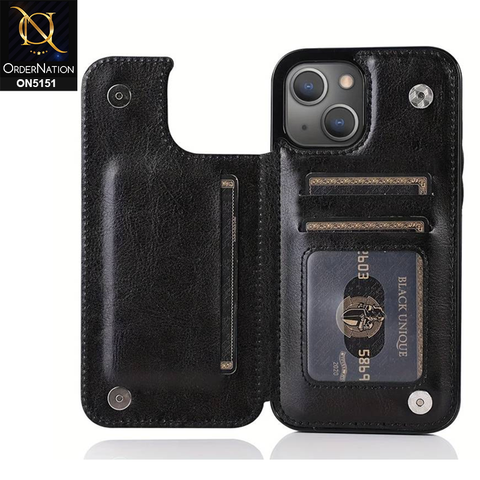 iPhone 14  Plus Cover - Black - Luxury PU Leather Card Holder Wallet Soft Case