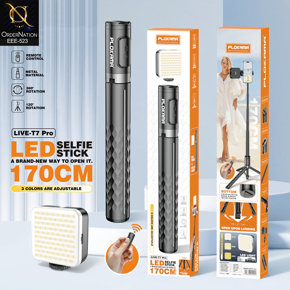 Plokama Live-T7 Pro 170cm LED Selfie Stick with Remote Control, Adjustable Fill Light, 360° Rotation & Tripod Stand
