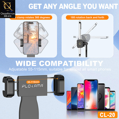 PLOKAMA CL-20 Double Pull Rotary Mobile Phone Clip 55-115mm 360° Rotation 180° Tilt 1/4″ Universal Tripod Mount